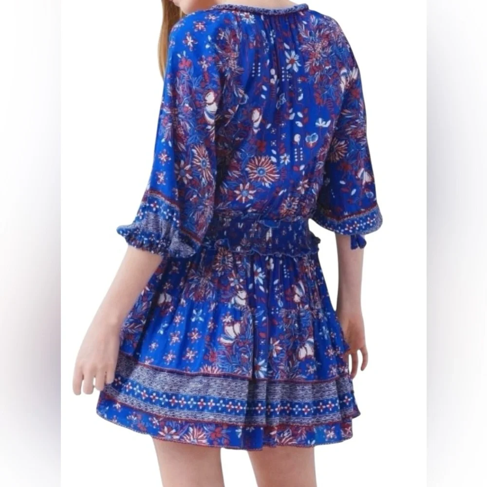 Poupette St. Barth Cotton Floral Long Sleeve V-Neck Smocked Waist Mini Dress - Picture 2 of 7